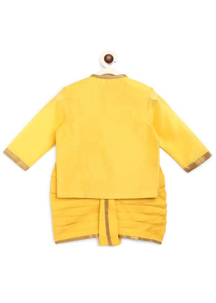 Kalki Boys Yellow Kurta And Dhoti Set In Chanderi Cotton Silk With Zari Embroidered Floral Butti Work By Tiber Taber