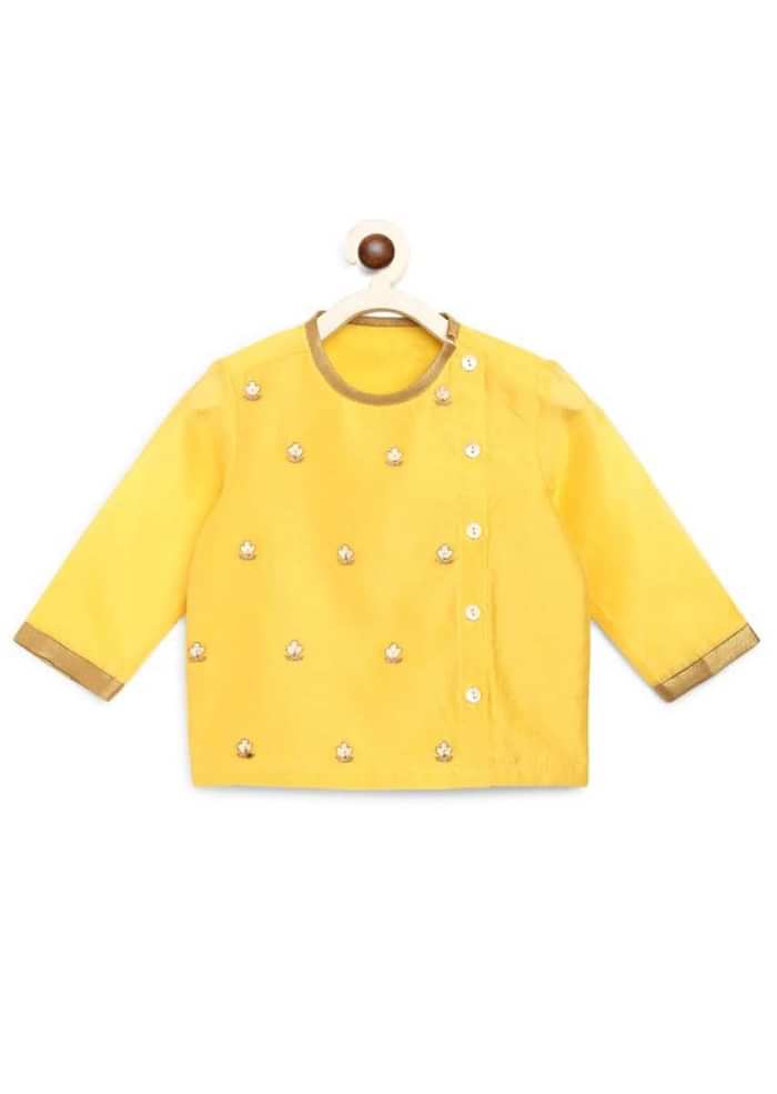 Kalki Boys Yellow Kurta And Dhoti Set In Chanderi Cotton Silk With Zari Embroidered Floral Butti Work By Tiber Taber