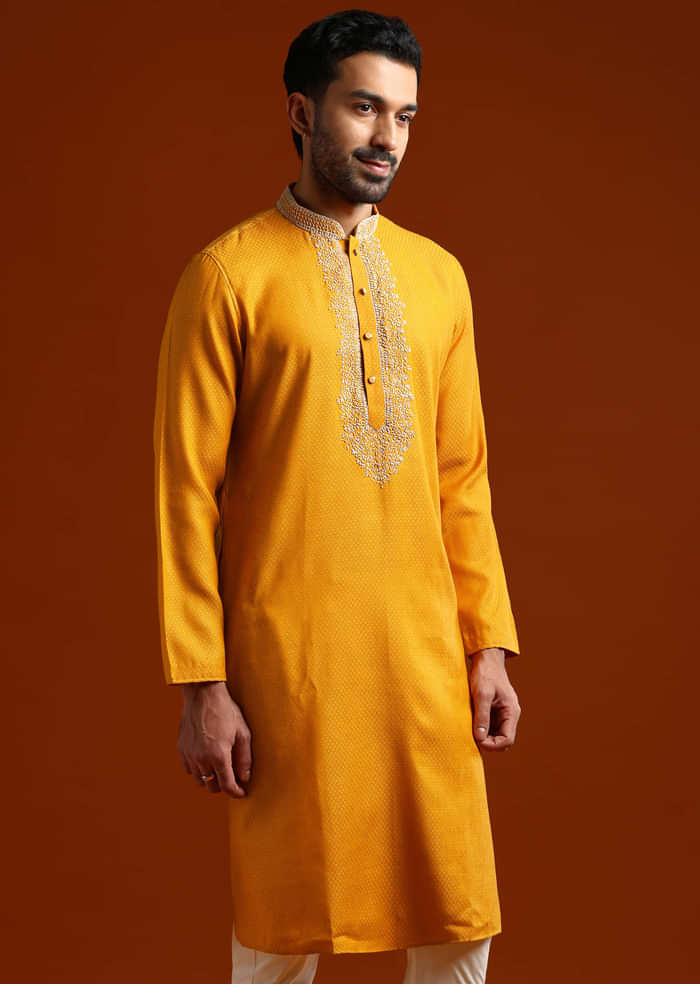 Yellow Kurta Set For Men With Thread Embroidery