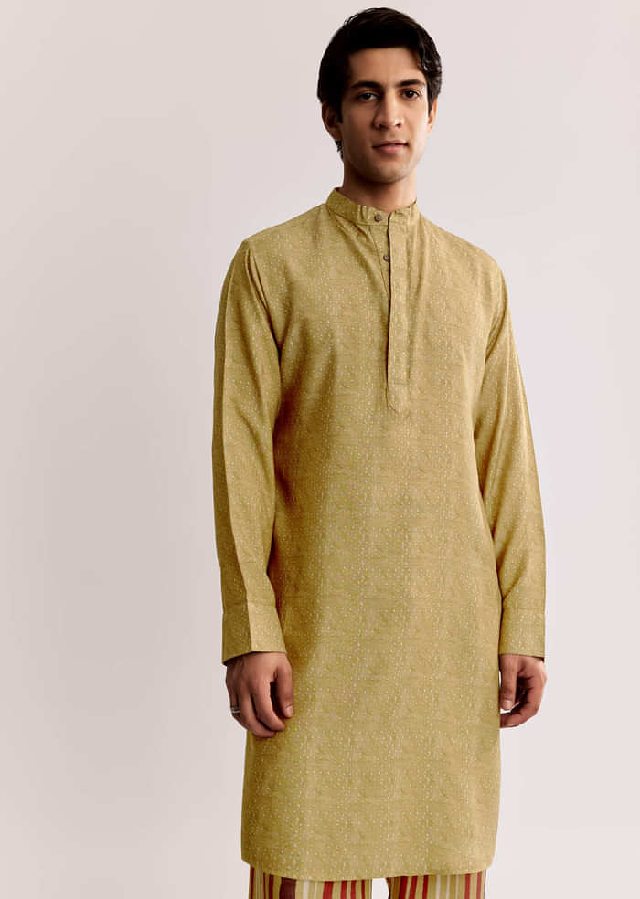 Yellow Linen Kurta Jacket Set With Ajrakh Print