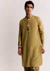 Yellow Linen Kurta Set With Ajrakh Print