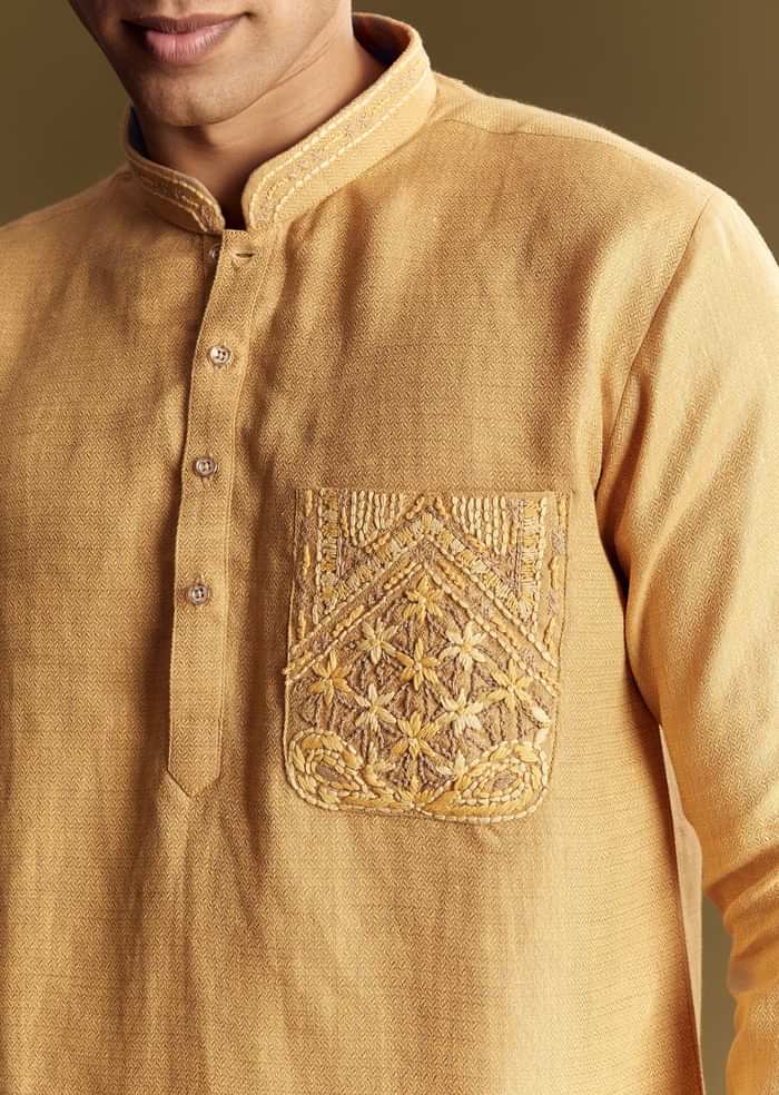 Yellow Linen Kurta Set With Embroidered Thread