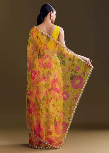 Yellow Organza Saree With Floral Print And Beaded Border