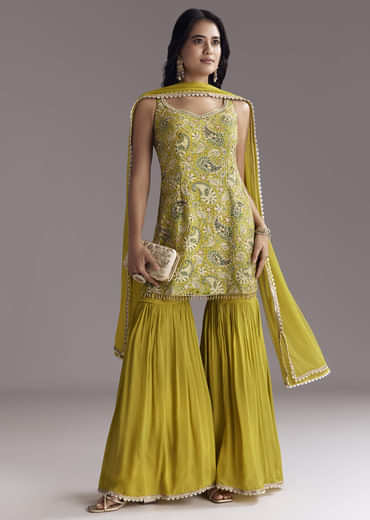 Yellow Paisley Print Sharara Set With Zari Embroidery