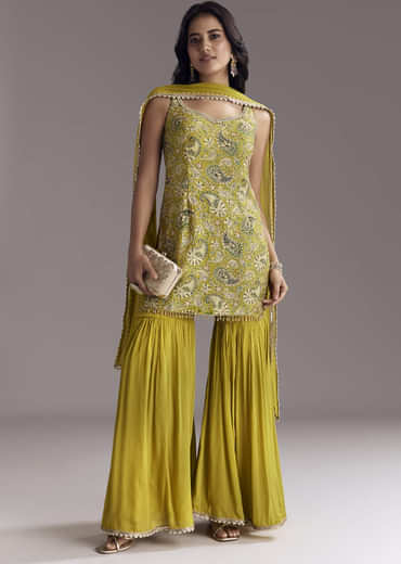 Yellow Paisley Print Sharara Set With Zari Embroidery
