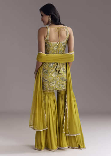 Yellow Paisley Print Sharara Set With Zari Embroidery