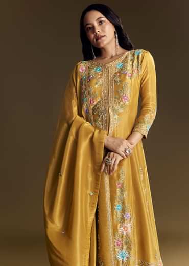 Yellow Palazzo Suit With Resham Kurta Dupatta