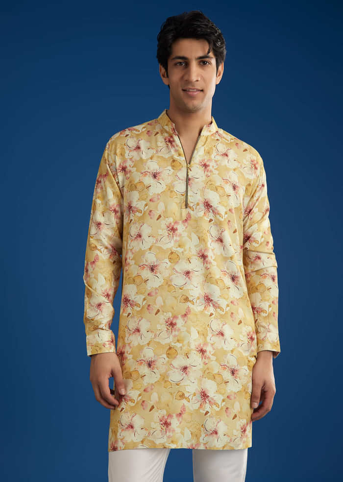 Yellow Pashmina Floral Printed Kurta Set With Zipper