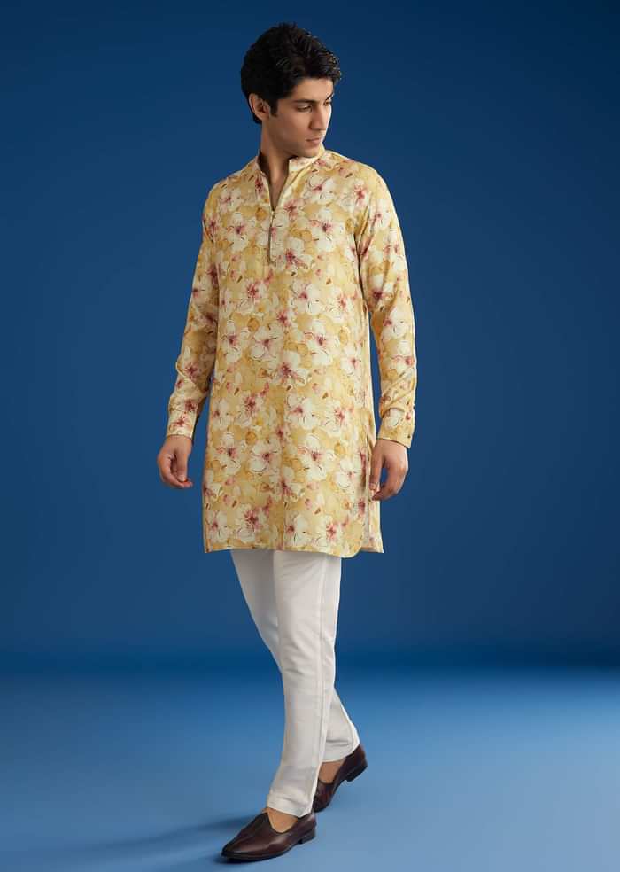 Yellow Pashmina Floral Printed Kurta Set With Zipper