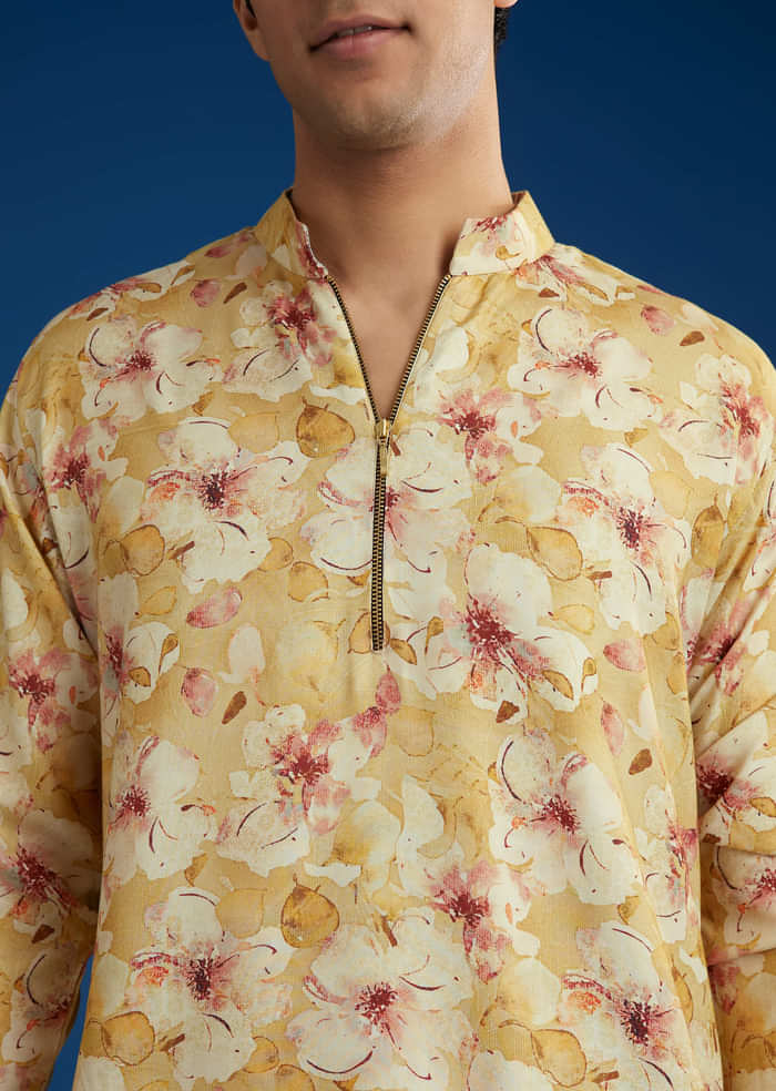 Yellow Pashmina Floral Printed Kurta Set With Zipper