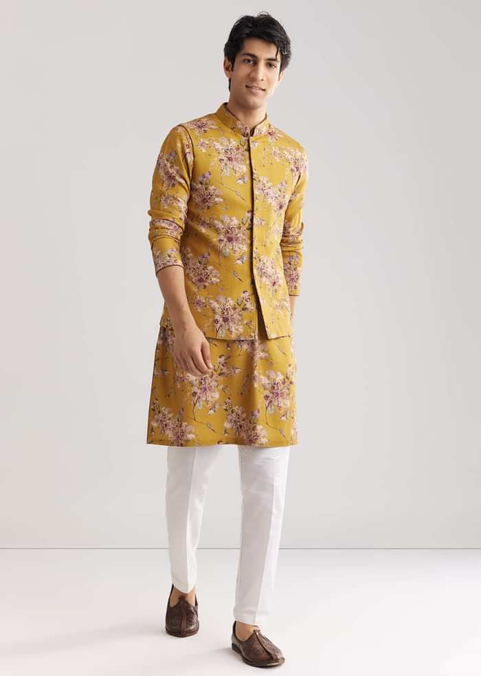 Yellow Pashmina Jacket Kurta Set With Stone Work