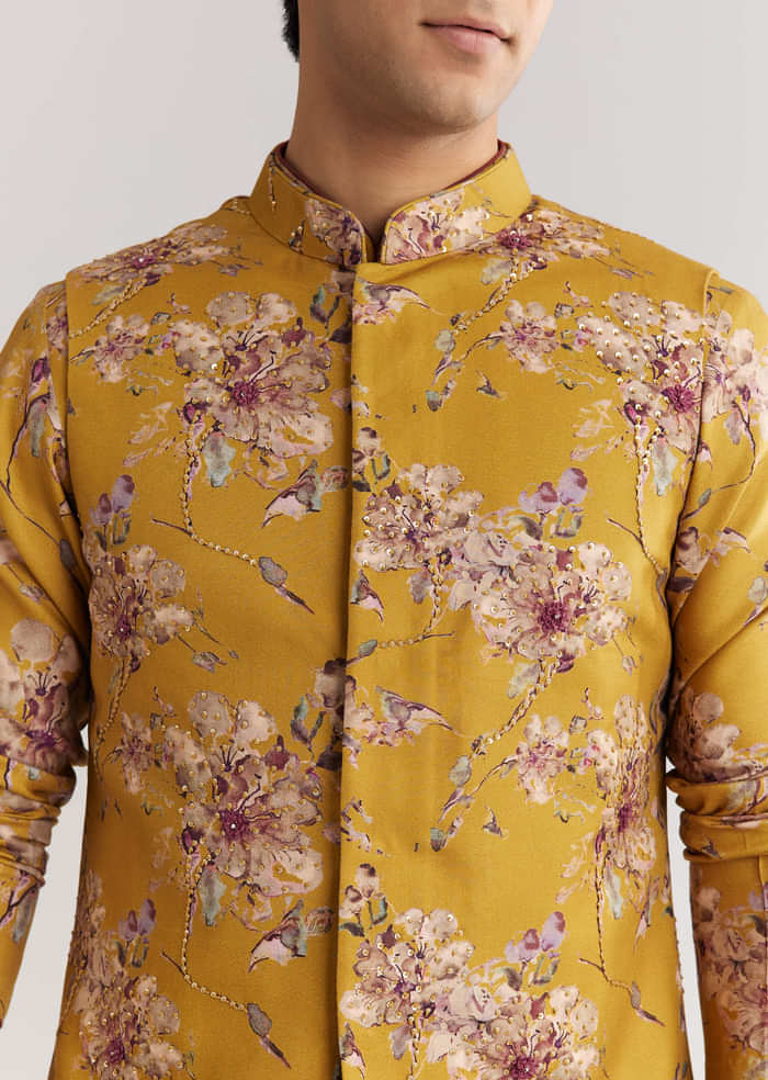 Yellow Pashmina Jacket Kurta Set With Stone Work