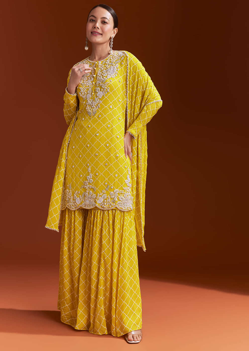 Yellow Printed Chinon Sharara Set With Cut Dana And Sequins