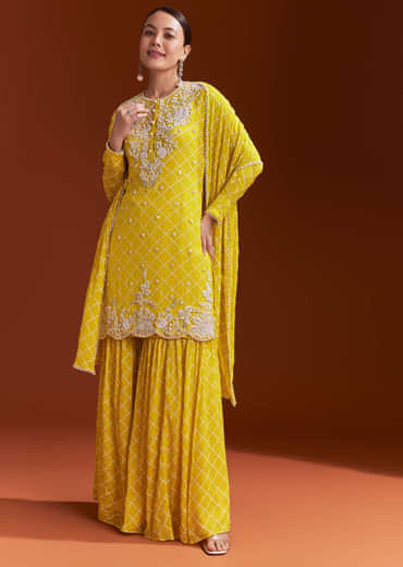 Yellow Printed Chinon Sharara Set With Cut Dana And Sequins