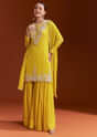 Yellow Printed Chinon Sharara Set With Cut Dana And Sequins