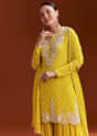 Yellow Printed Chinon Sharara Set With Cut Dana And Sequins
