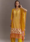 Yellow Printed Crepe Kaftaan Kurta Pant Set With Mirror And Sequins Work