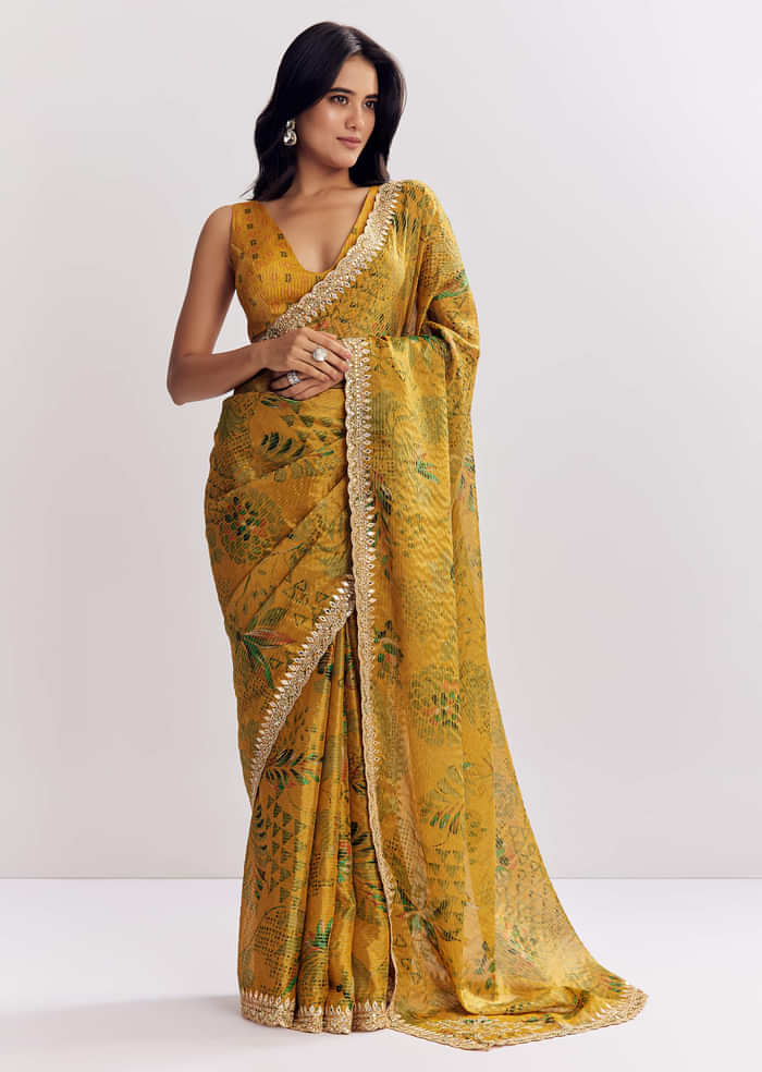 Yellow Printed Tissue Lurex Saree With Zari Mirror And Cutdana Embroidery