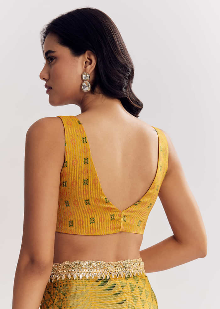 Yellow Printed Tissue Lurex Saree With Zari Mirror And Cutdana Embroidery