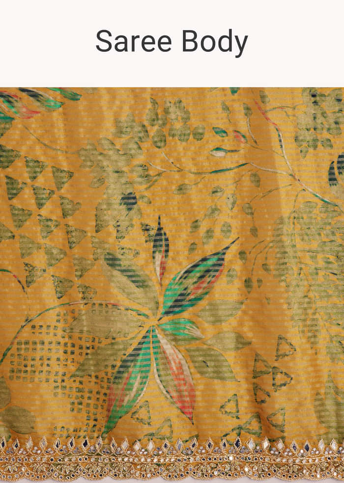 Yellow Printed Tissue Lurex Saree With Zari Mirror And Cutdana Embroidery