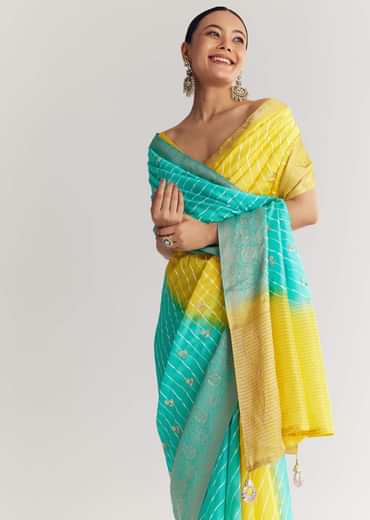 Yellow Rama Saree With Leheriya Print And Floral Gotapatti Embroidery