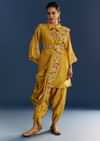 Yellow Resham Embroidered Kurta Dhoti Set With Draped Dupatta And Belt