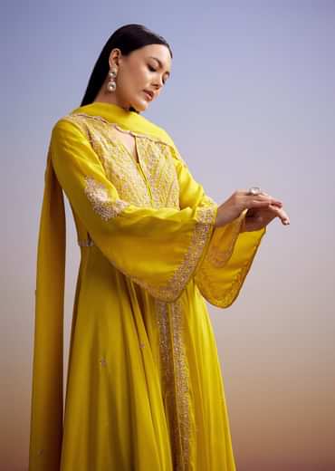 Yellow Russian Silk Palazzo Suit With Cut Dana And Sequins Work