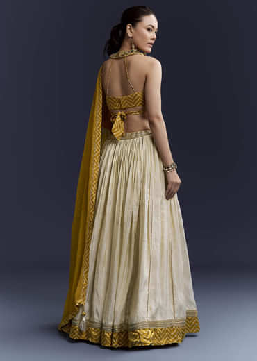 Yellow Satin Bridesmaid Lehenga With Hand Dyed Chevron Print Choli