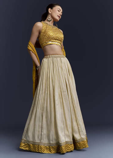 Yellow Satin Bridesmaid Lehenga With Hand Dyed Chevron Print Choli