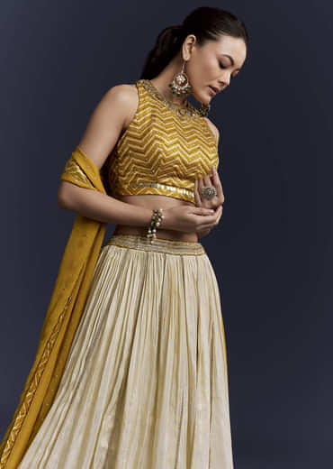 Yellow Satin Bridesmaid Lehenga With Hand Dyed Chevron Print Choli