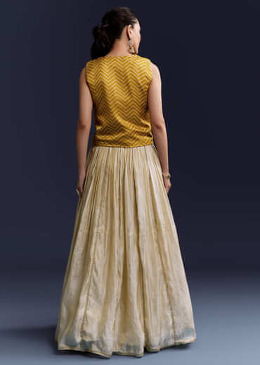 Yellow Satin Festive Lehenga With Hand Dyed Chevron Print Jacket Yellow Satin Festive Lehenga With Hand Dyed Chevron Print Jacket