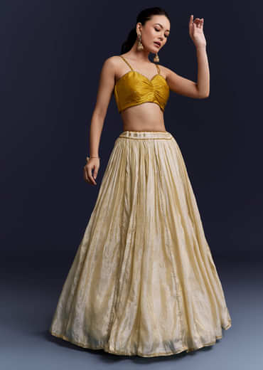 Yellow Satin Festive Lehenga With Hand Dyed Chevron Print Jacket Yellow Satin Festive Lehenga With Hand Dyed Chevron Print Jacket