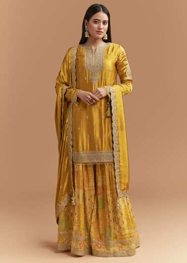 Yellow Satin Palazzo Suit With Gota And Cutdana Work