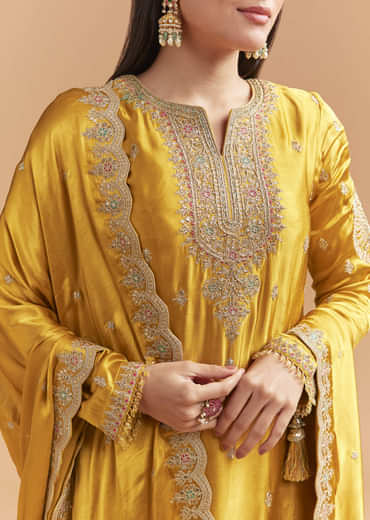 Yellow Satin Palazzo Suit With Gota And Cutdana Work