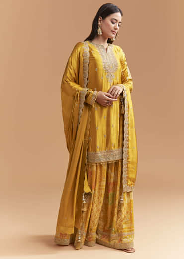 Yellow Satin Palazzo Suit With Gota And Cutdana Work