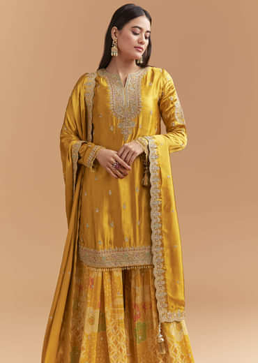 Yellow Satin Palazzo Suit With Gota And Cutdana Work