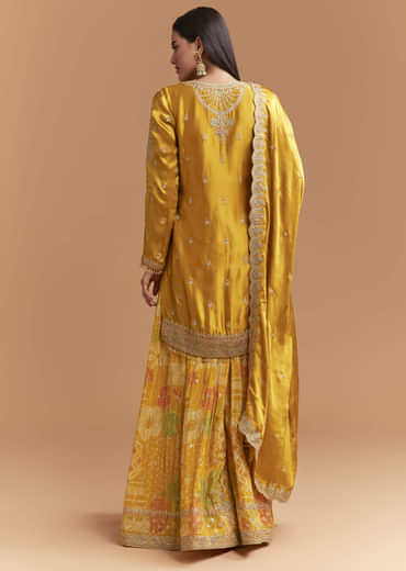 Yellow Satin Palazzo Suit With Gota And Cutdana Work