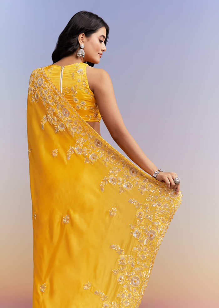 Yellow Satin Saree With Heavy Embroidered Details