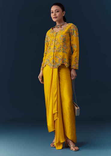 Yellow Satin Silk Crop Top Skirt Set with Resham Work