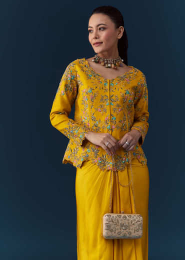 Yellow Satin Silk Crop Top Skirt Set with Resham Work