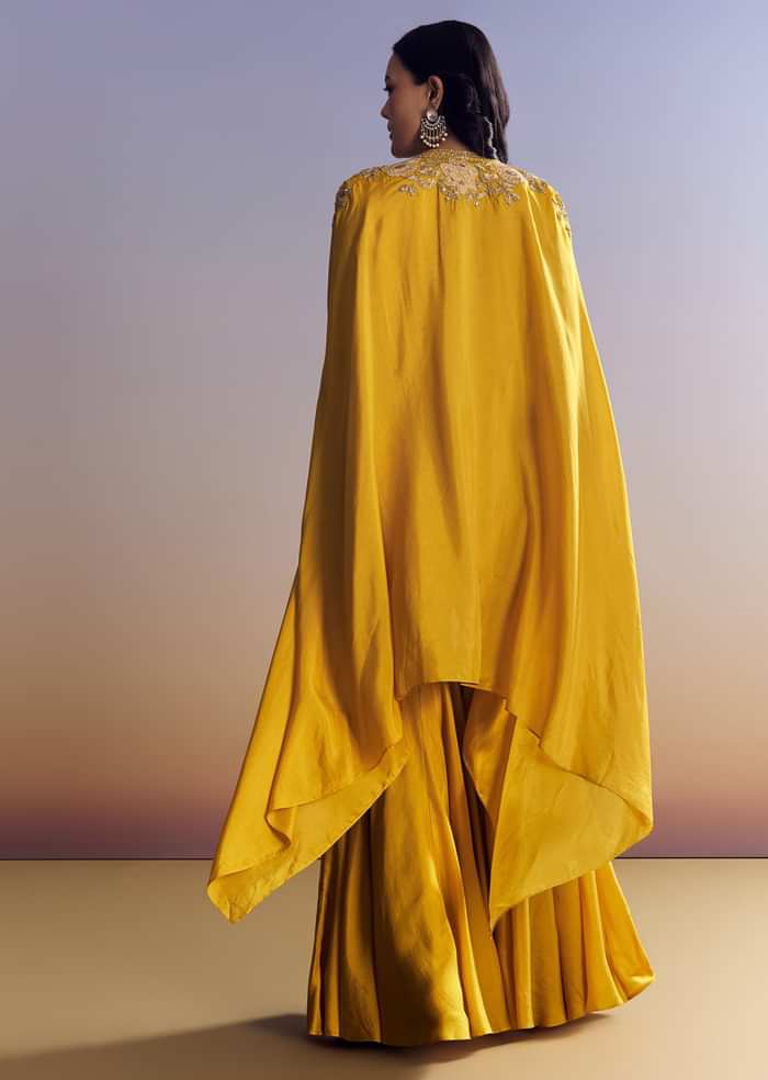 Yellow Sharara Set With Zari Cape