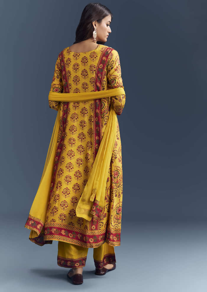 Yellow Silk Anarkali Suit With Floral Print And Zari Embroidery