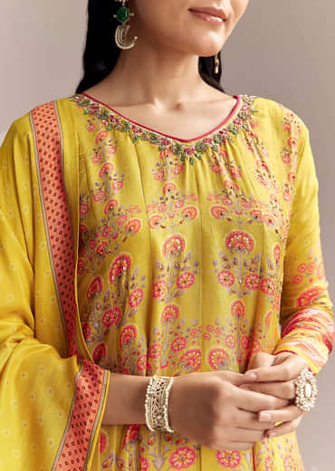 Yellow Silk Anarkali Suit With Multicolour Print