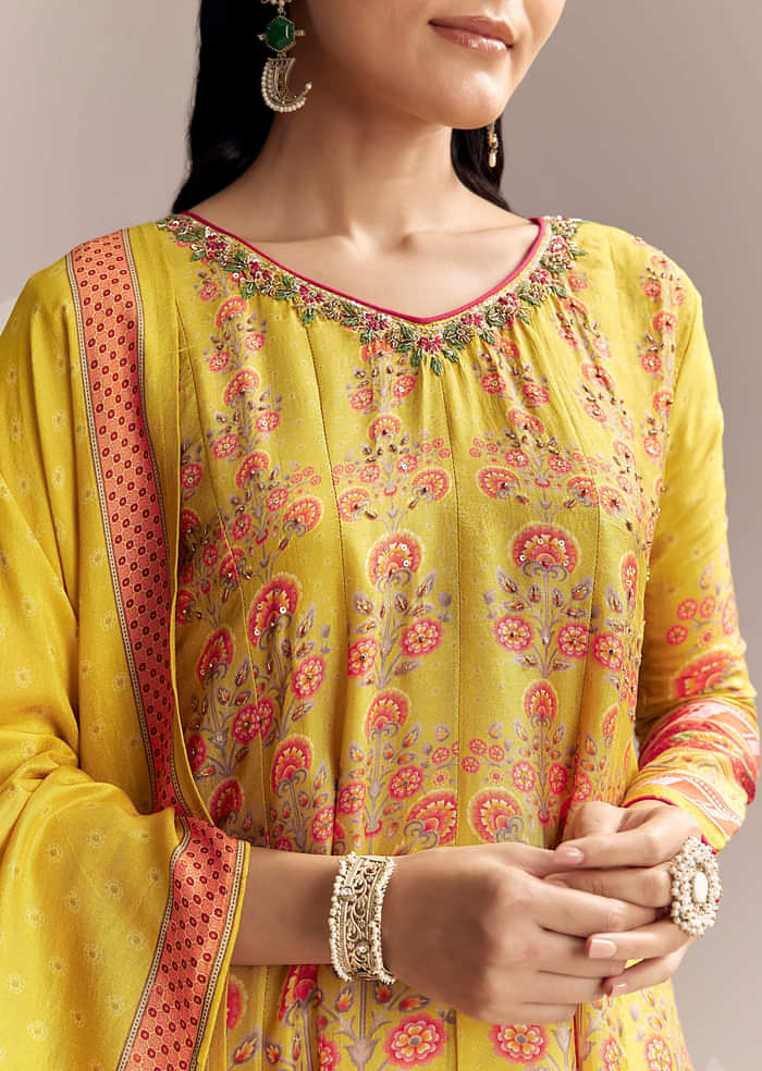 Yellow Silk Anarkali Suit With Multicolour Print