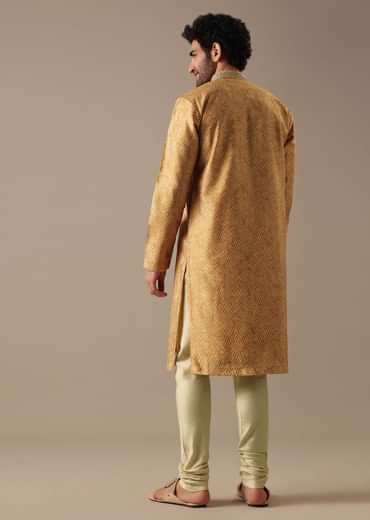 Yellow Silk Chevron Kurta Set with Mirror Work