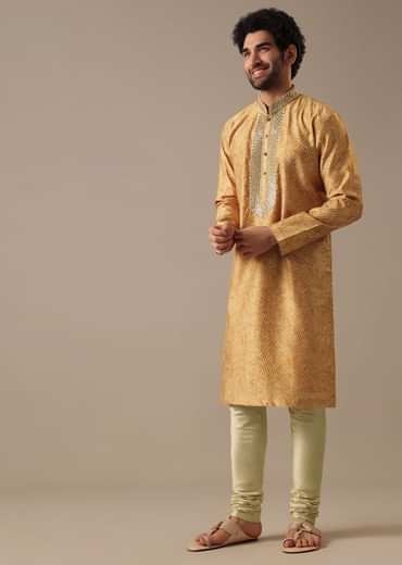 Yellow Silk Chevron Kurta Set with Mirror Work