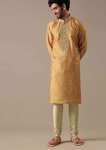 Yellow Silk Chevron Kurta Set with Mirror Work
