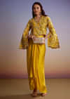 Yellow Silk Crop Top And Drape Skirt With Resham Work