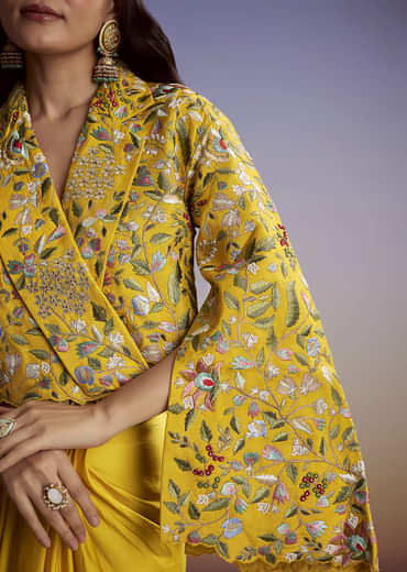 Yellow Silk Crop Top And Drape Skirt With Resham Work