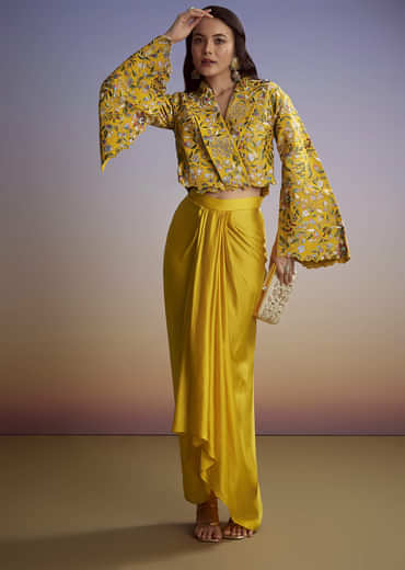 Yellow Silk Crop Top And Drape Skirt With Resham Work